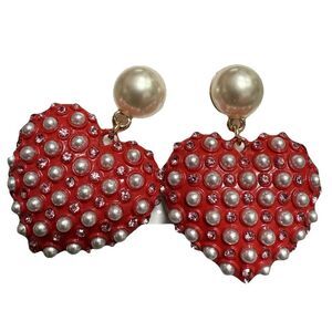 Betsey Johnson Faux Pearl Pink Rhinestone Love Red Heart Earrings New